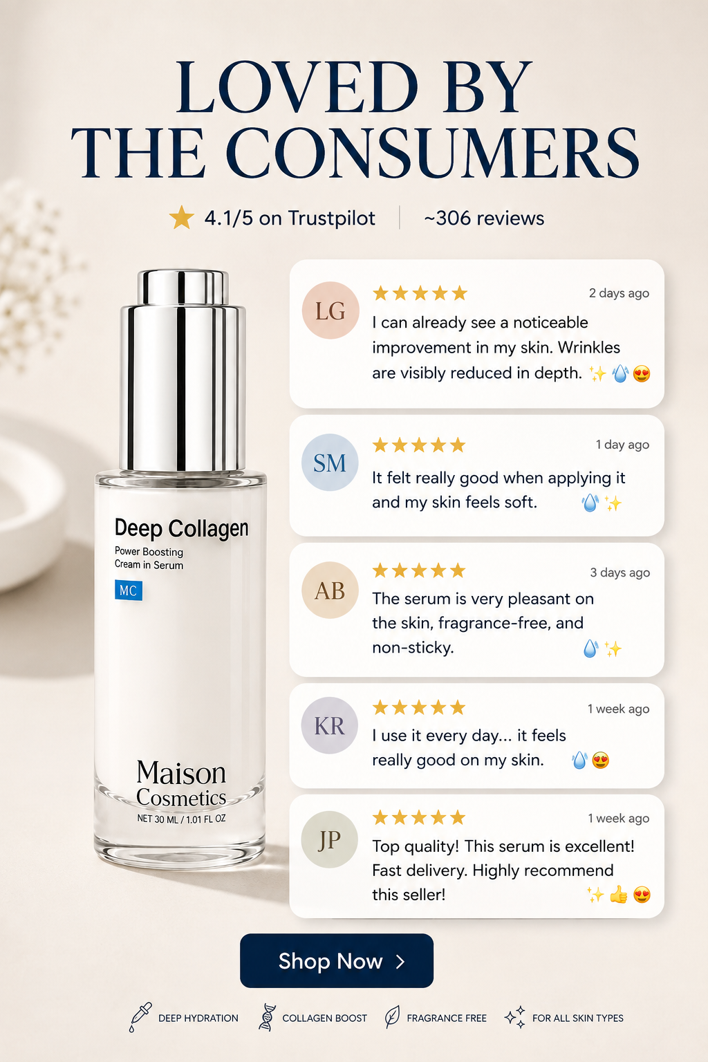Maison Cosmetics static ad: Loved By The Consumers, Trustpilot reviews